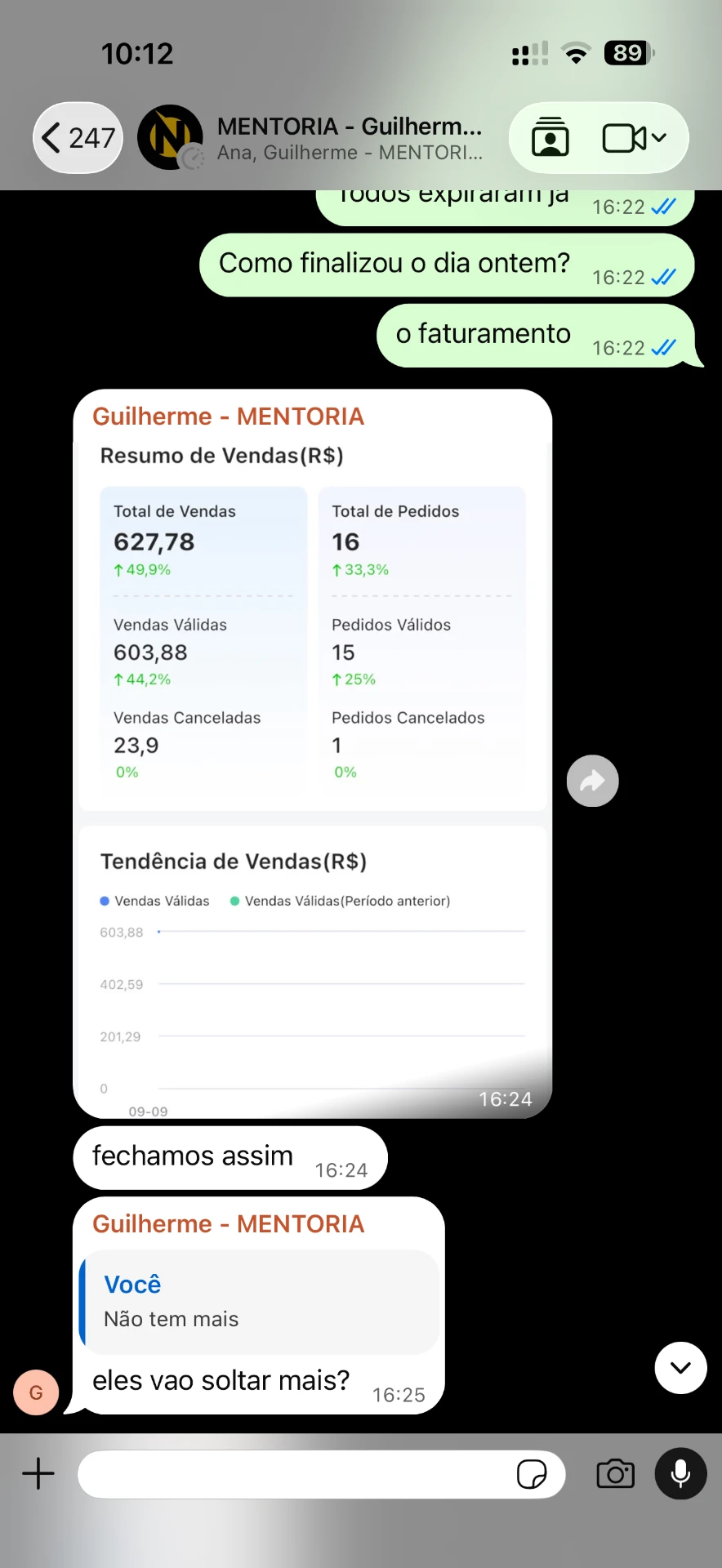 Resultado de vendas de aluno do NCE
